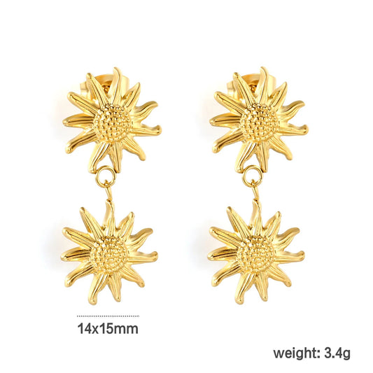 18K PVD Gold Plated Tiered Daisy Blossom Dangle Earrings Tarnish-Free