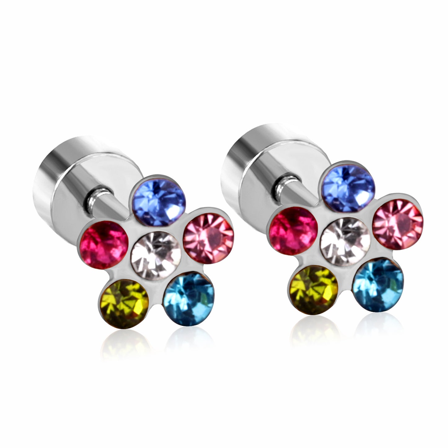 Wholesale Multicolored Gem Adorned Golden Flower Stud Earrings