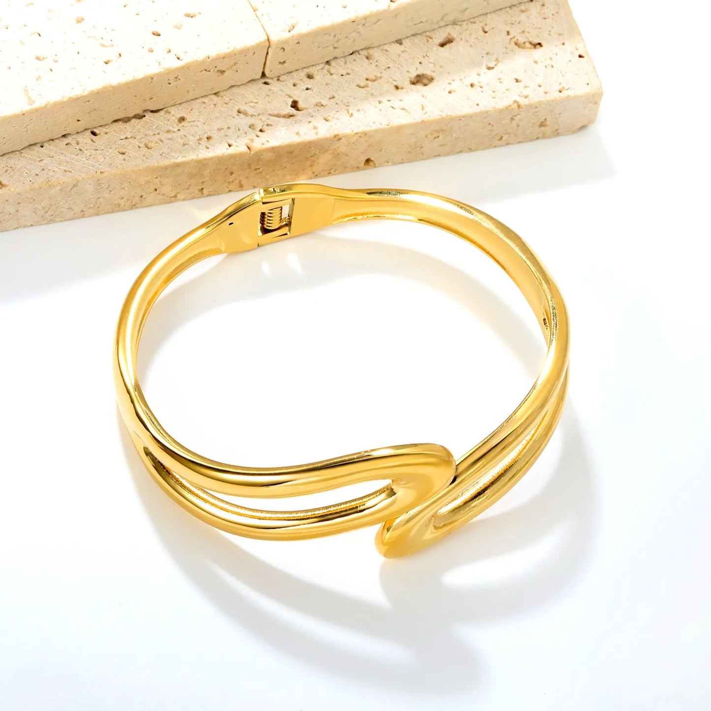 Architectural Double Line Open Cuff Bangle Sculptural Parallel Wire Gold Bangle Waterproof