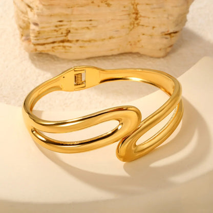 Architectural Double Line Open Cuff Bangle Sculptural Parallel Wire Gold Bangle Waterproof
