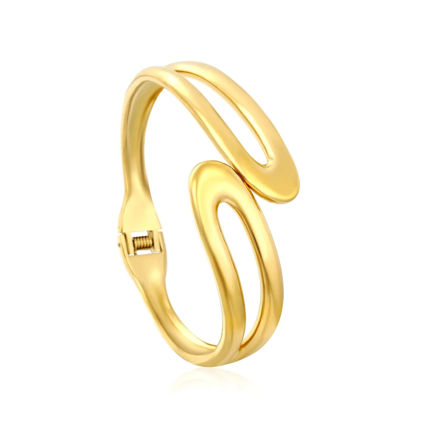 Architectural Double Line Open Cuff Bangle Sculptural Parallel Wire Gold Bangle Waterproof