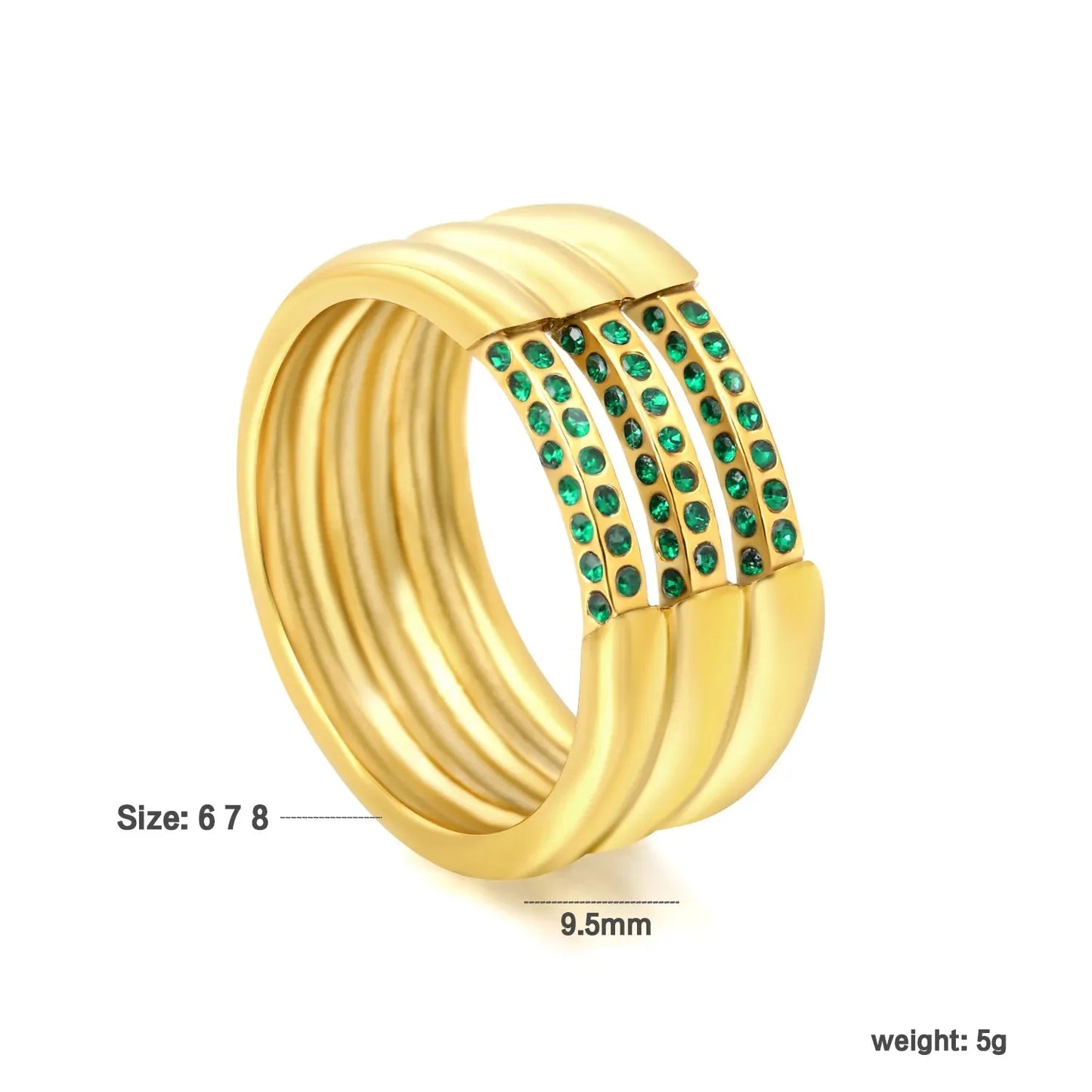 Wholesale Waterproof PVD Gold Multi-Layer Intertwined Green Zircon Ring