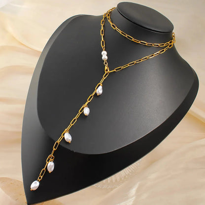 French Style Pearl Fringe Drop Necklace Stainless Steel Tarnish-Free
