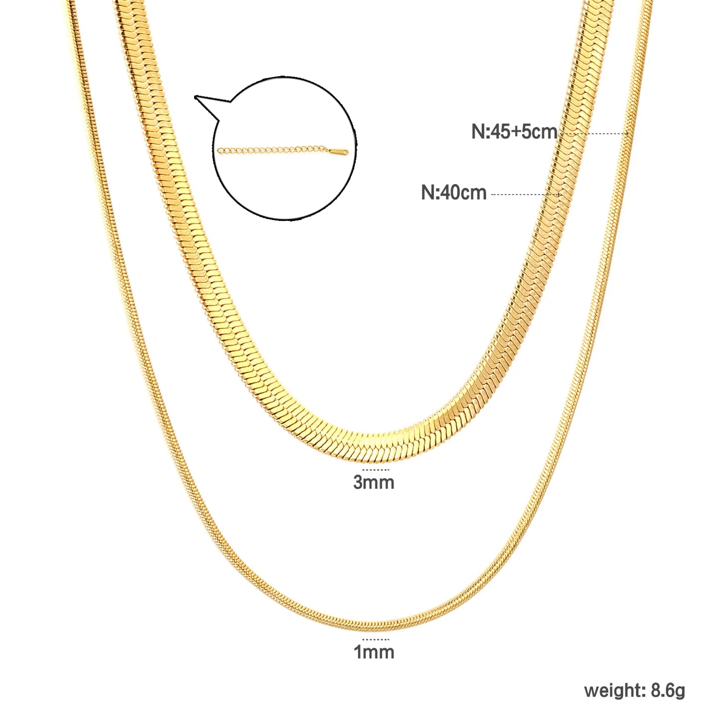 Wholesale Waterproof PVD Gold Sculpted Double Layer Snake Chain Set