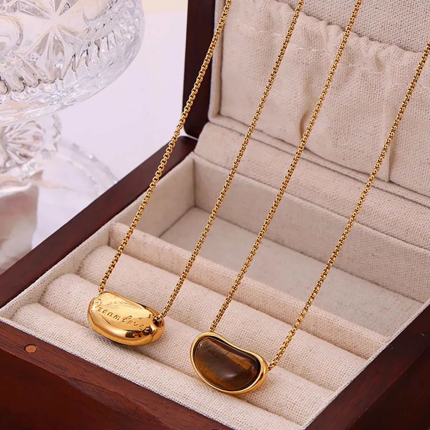 Wholesale Waterproof PVD Gold Tiger Eye Bean Long Necklace