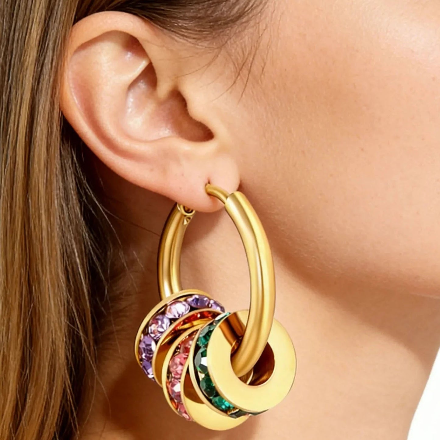 Stainless Steel Earrings | Colorful Zircon Multi-Layer Hoops