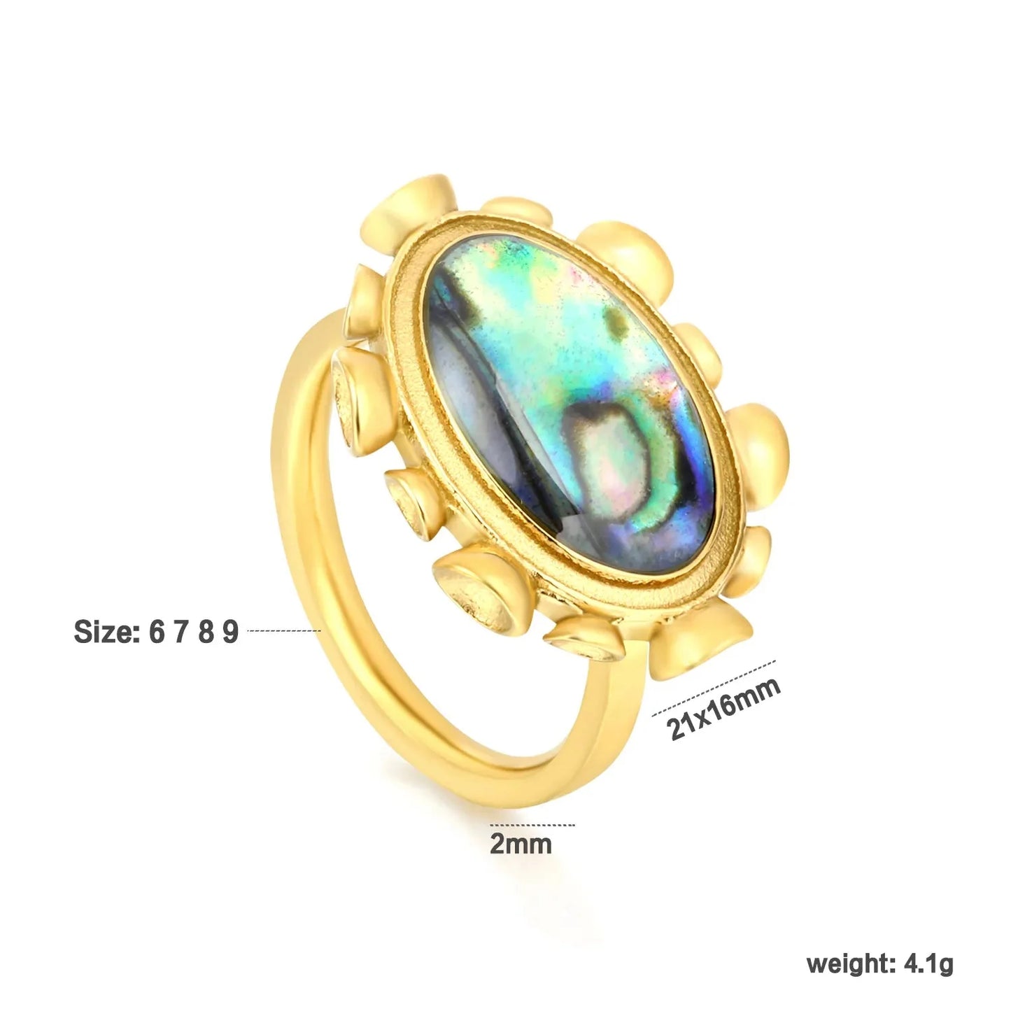 Wholesale Waterproof PVD Gold Sculpted Beaded Abalone Shell Oval Ring