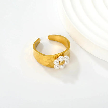 Pearl Crystal Flower Ring Set 304L Stainless Steel Gold Adjustable