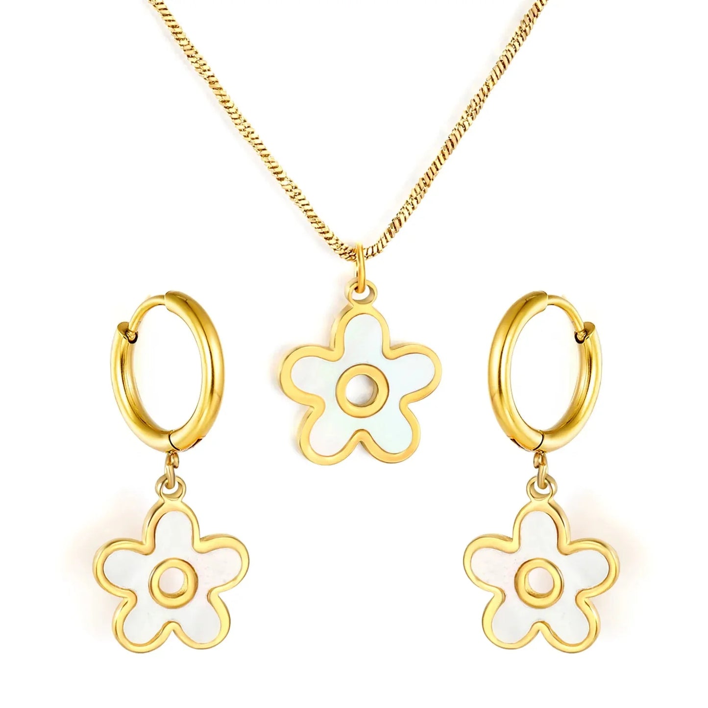 Bulk Gold Plated Flower Jewelry Set 304L Steel with Natural Shell Pendant & Earrings