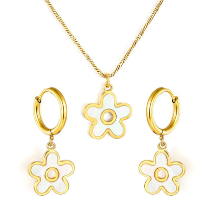 Bulk Gold Plated Flower Jewelry Set 304L Steel with Natural Shell Pendant & Earrings