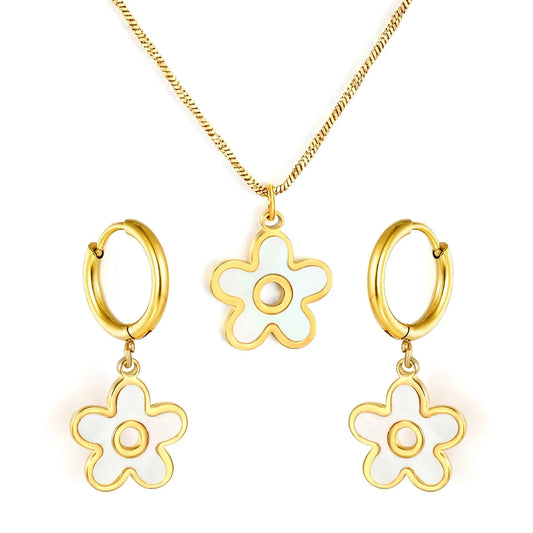 Bulk Gold Plated Flower Jewelry Set 304L Steel with Natural Shell Pendant & Earrings