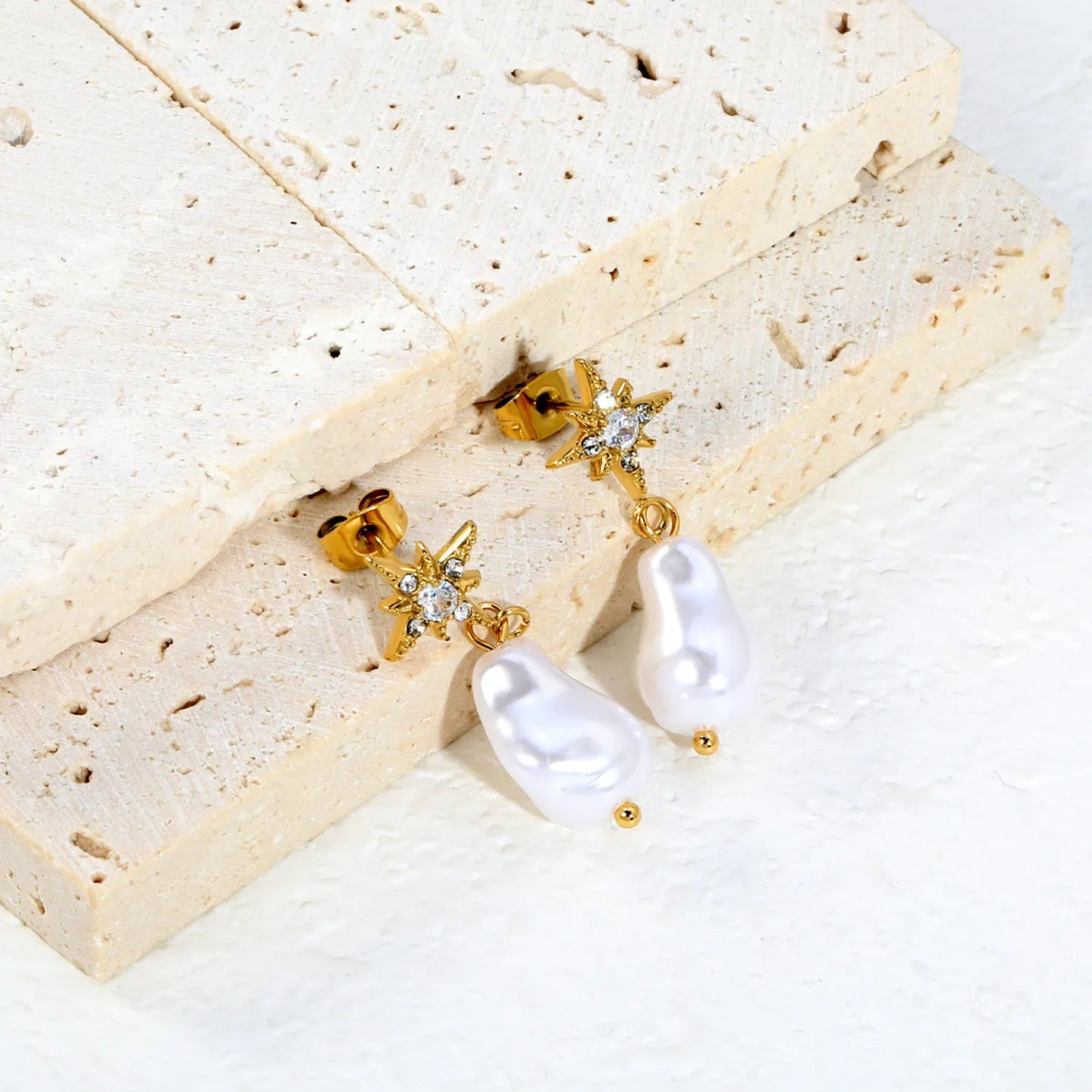 PVD Gold 304L Steel Starburst Frame Inlaid Real Baroque Pearl Dangle Stud Earrings