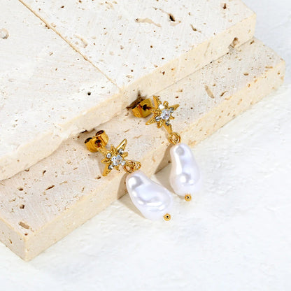 PVD Gold 304L Steel Starburst Frame Inlaid Real Baroque Pearl Dangle Stud Earrings