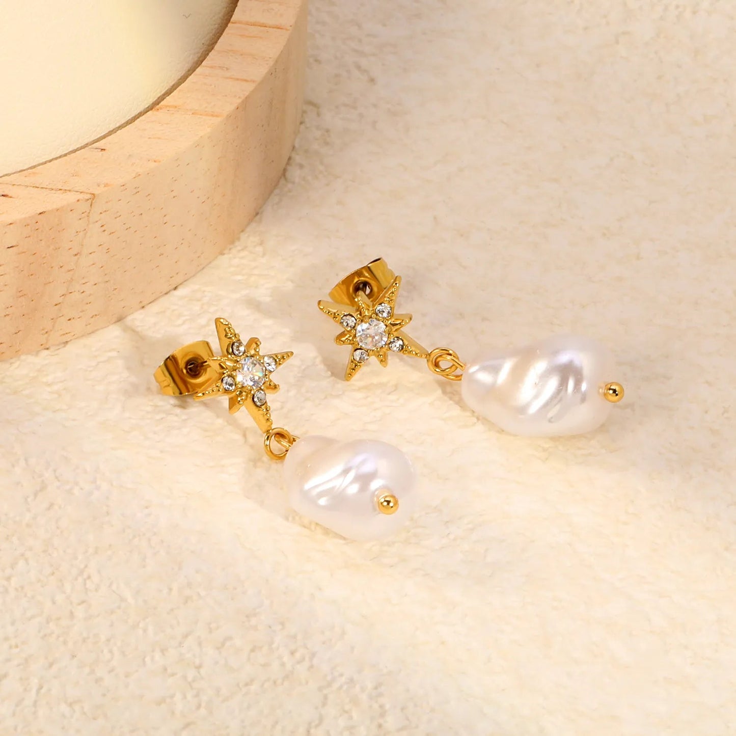 PVD Gold 304L Steel Starburst Frame Inlaid Real Baroque Pearl Dangle Stud Earrings