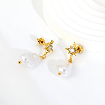 PVD Gold 304L Steel Starburst Frame Inlaid Real Baroque Pearl Dangle Stud Earrings