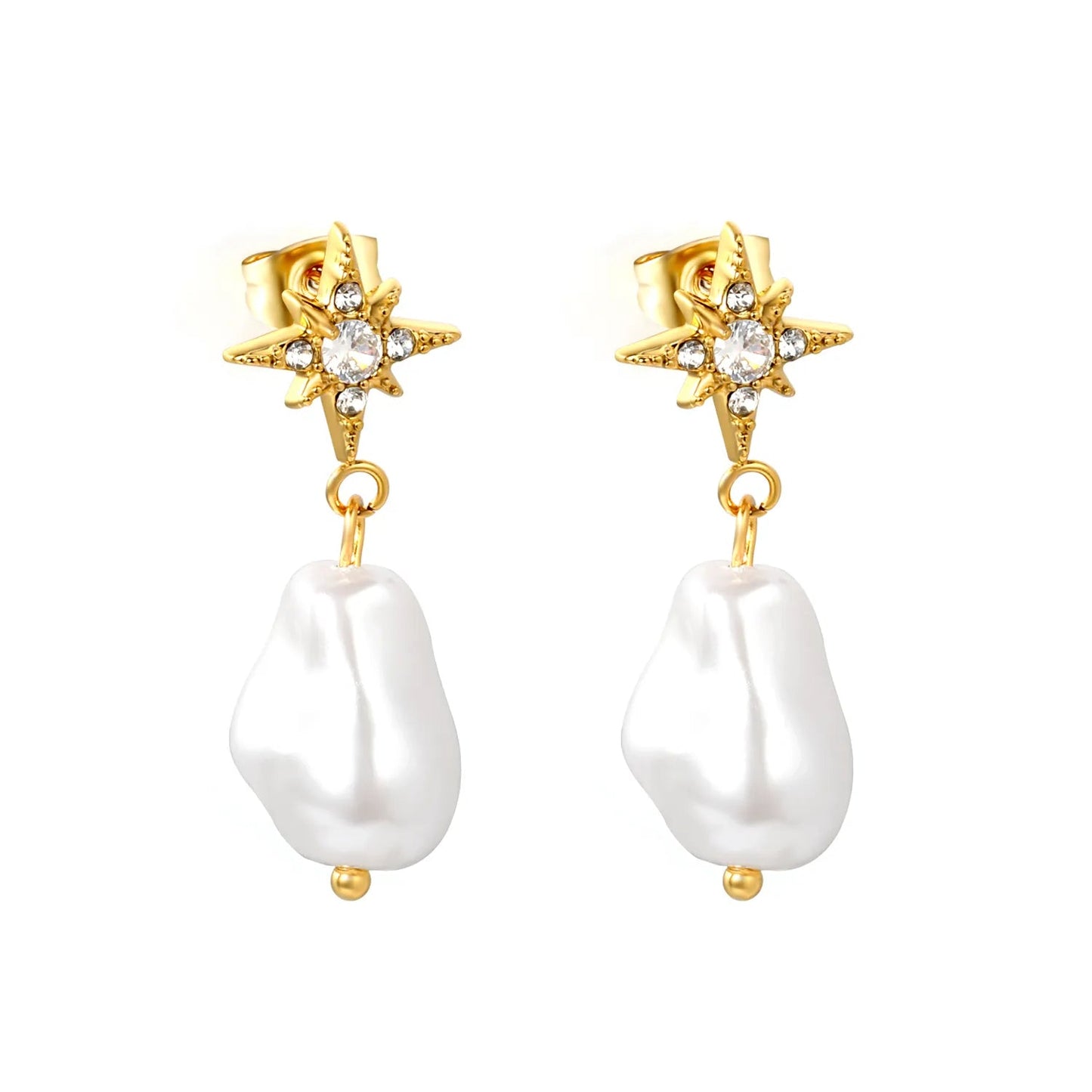 PVD Gold 304L Steel Starburst Frame Inlaid Real Baroque Pearl Dangle Stud Earrings