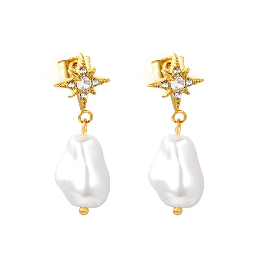 PVD Gold 304L Steel Starburst Frame Inlaid Real Baroque Pearl Dangle Stud Earrings