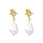 PVD Gold 304L Steel Starburst Frame Inlaid Real Baroque Pearl Dangle Stud Earrings