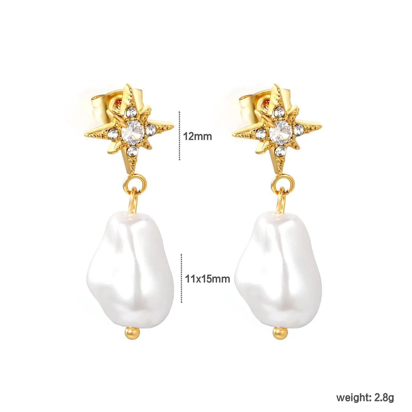 PVD Gold 304L Steel Starburst Frame Inlaid Real Baroque Pearl Dangle Stud Earrings