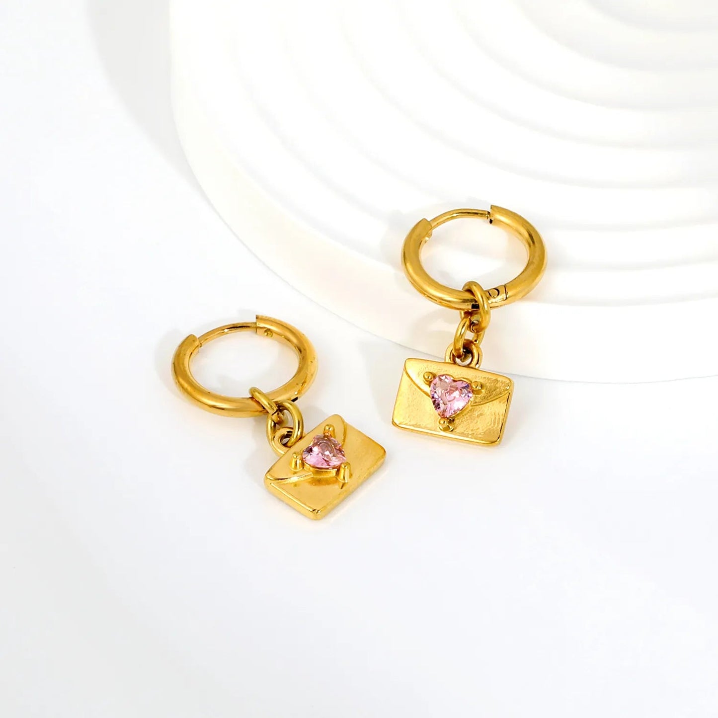 Y2K Aesthetic Openable Envelope Charm Pink Gemstone Heart Huggie Hoop Earrings