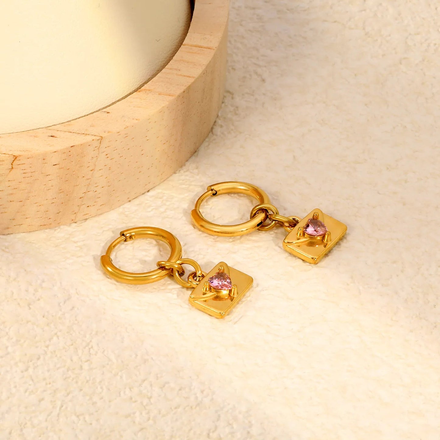 Y2K Aesthetic Openable Envelope Charm Pink Gemstone Heart Huggie Hoop Earrings