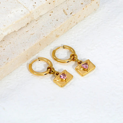 Y2K Aesthetic Openable Envelope Charm Pink Gemstone Heart Huggie Hoop Earrings