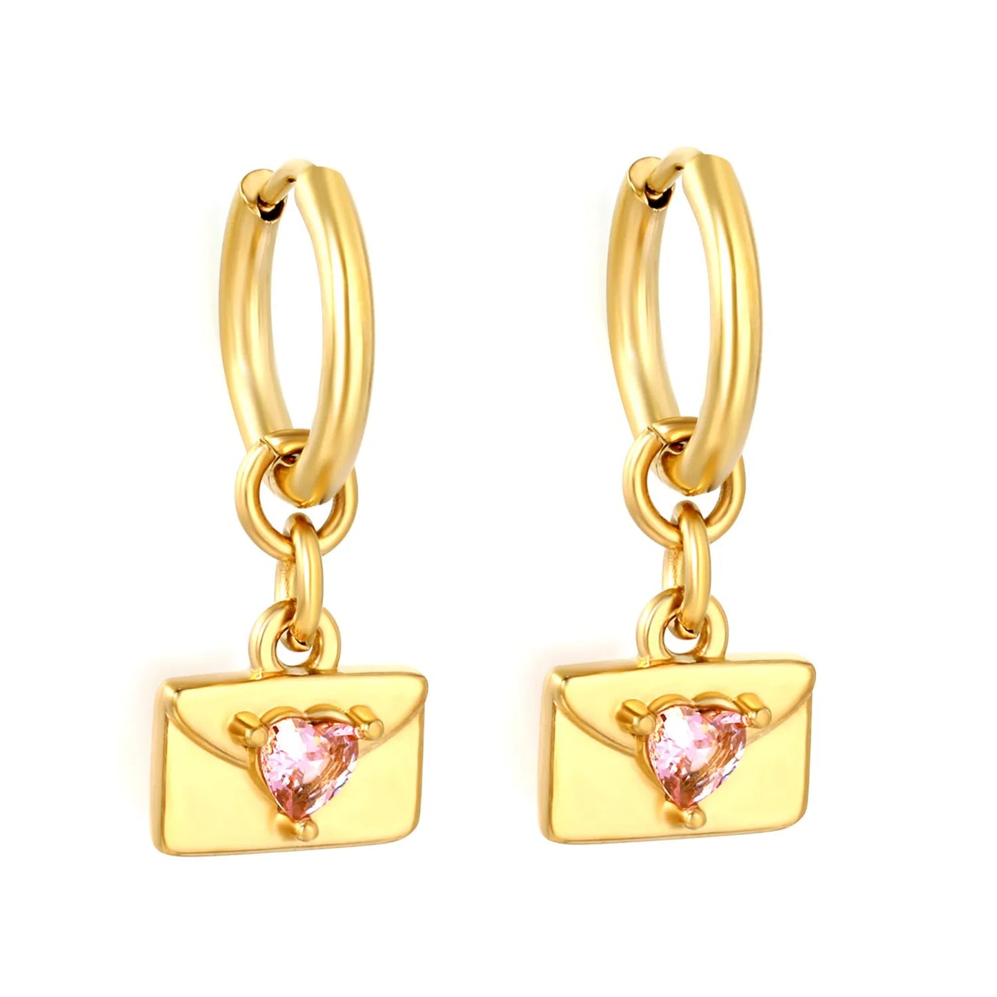 Y2K Aesthetic Openable Envelope Charm Pink Gemstone Heart Huggie Hoop Earrings
