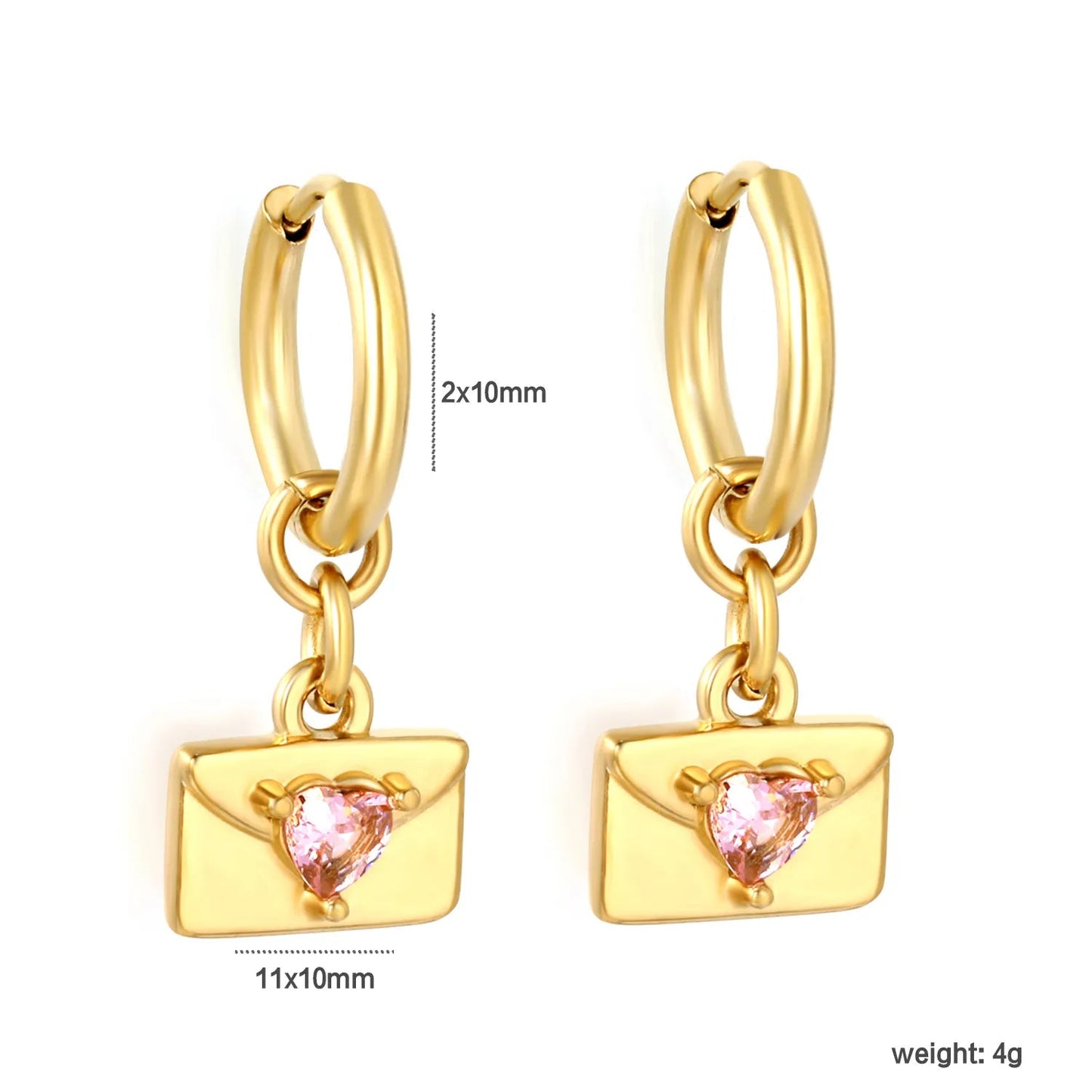 Y2K Aesthetic Openable Envelope Charm Pink Gemstone Heart Huggie Hoop Earrings