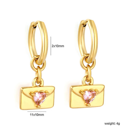 Y2K Aesthetic Openable Envelope Charm Pink Gemstone Heart Huggie Hoop Earrings
