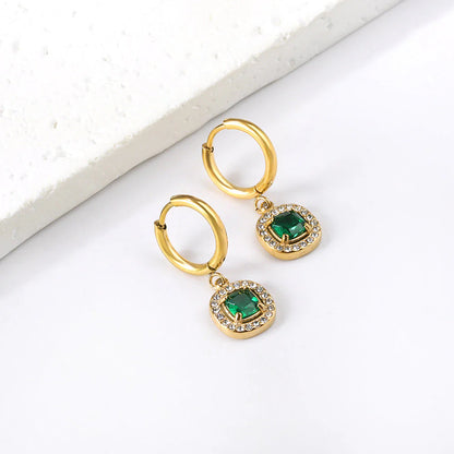 Stainless Steel Earrings | Emerald Cut Green Zircon Hoop