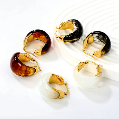 Aesthetic 304L Stainless Steel Wide Hoops | Marble Resin Gold Earrings