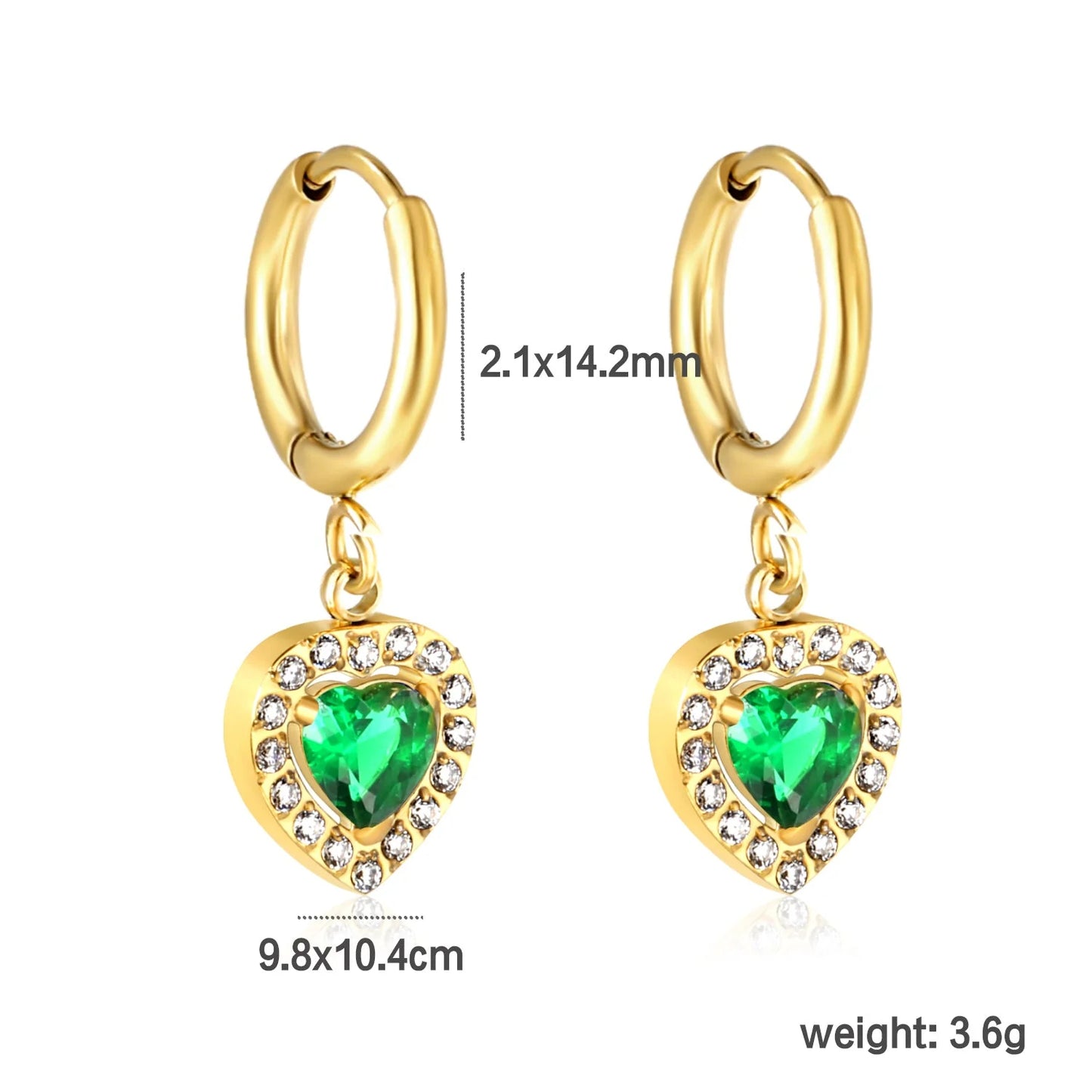 Bulk Stainless Steel Heart Earrings | Emerald Halo Zircon Hoops