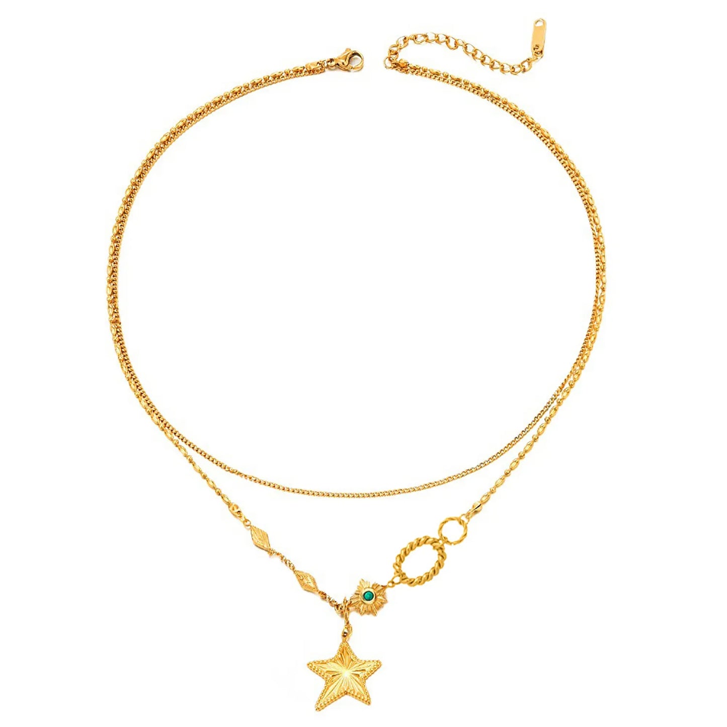 Wholesale Waterproof PVD Gold Emerald Zircon Starburst Layered Necklace