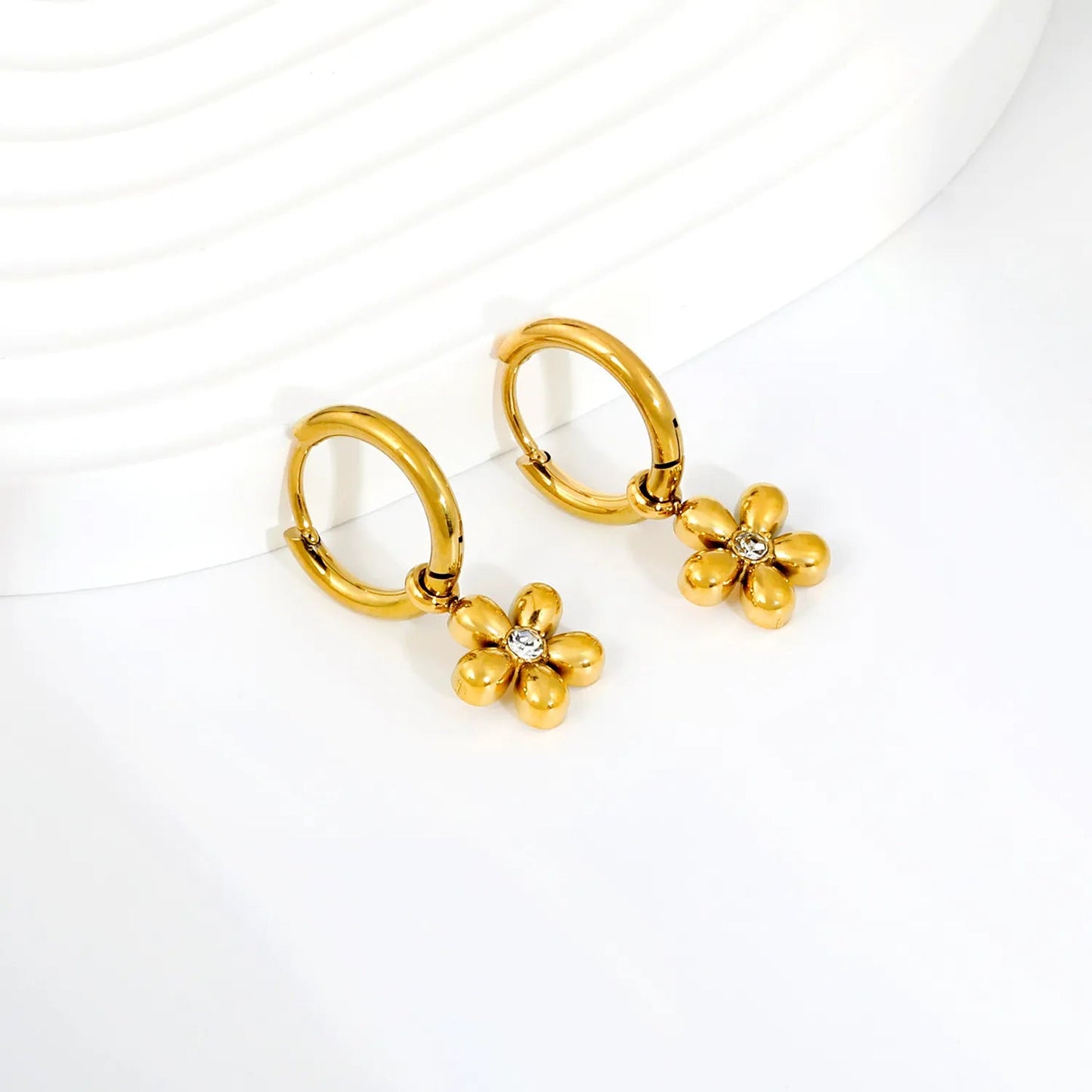 Waterproof 304L Stainless Steel 2x10mm Huggies 9.6mm CZ Flower Drop Earrings