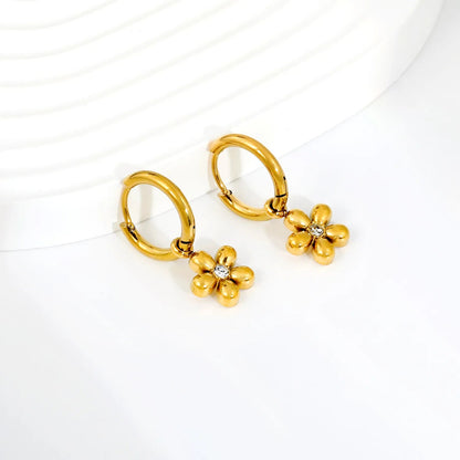 Waterproof 304L Stainless Steel 2x10mm Huggies 9.6mm CZ Flower Drop Earrings