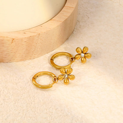 Waterproof 304L Stainless Steel 2x10mm Huggies 9.6mm CZ Flower Drop Earrings