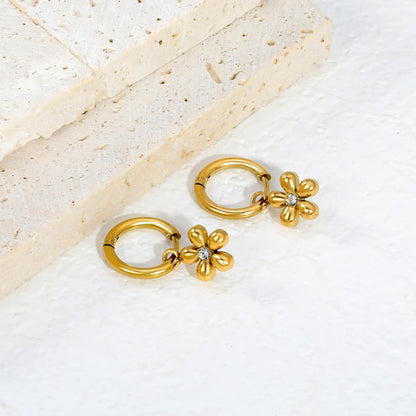 Waterproof 304L Stainless Steel 2x10mm Huggies 9.6mm CZ Flower Drop Earrings