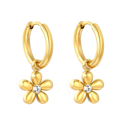 Waterproof 304L Stainless Steel 2x10mm Huggies 9.6mm CZ Flower Drop Earrings