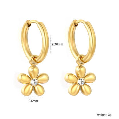 Waterproof 304L Stainless Steel 2x10mm Huggies 9.6mm CZ Flower Drop Earrings