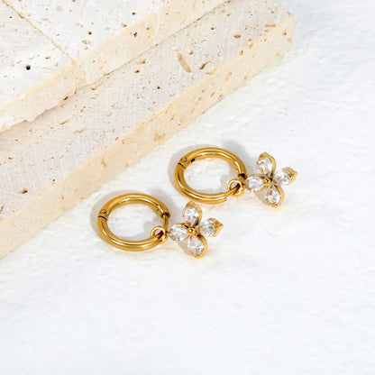 B2B Supplier Four Leaf Marquise CZ Flower Charm Drop Hoop Earrings Factory