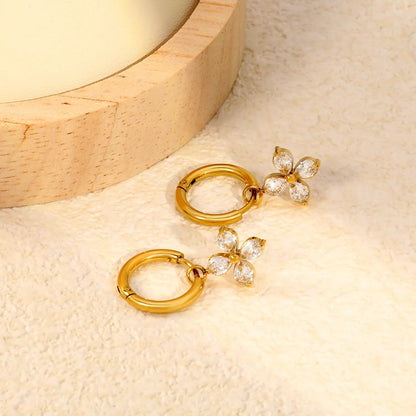 B2B Supplier Four Leaf Marquise CZ Flower Charm Drop Hoop Earrings Factory