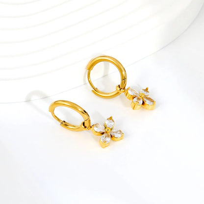 B2B Supplier Four Leaf Marquise CZ Flower Charm Drop Hoop Earrings Factory