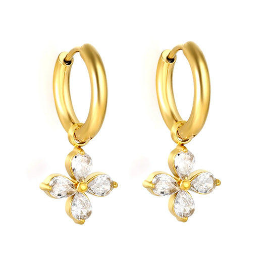 B2B Supplier Four Leaf Marquise CZ Flower Charm Drop Hoop Earrings Factory