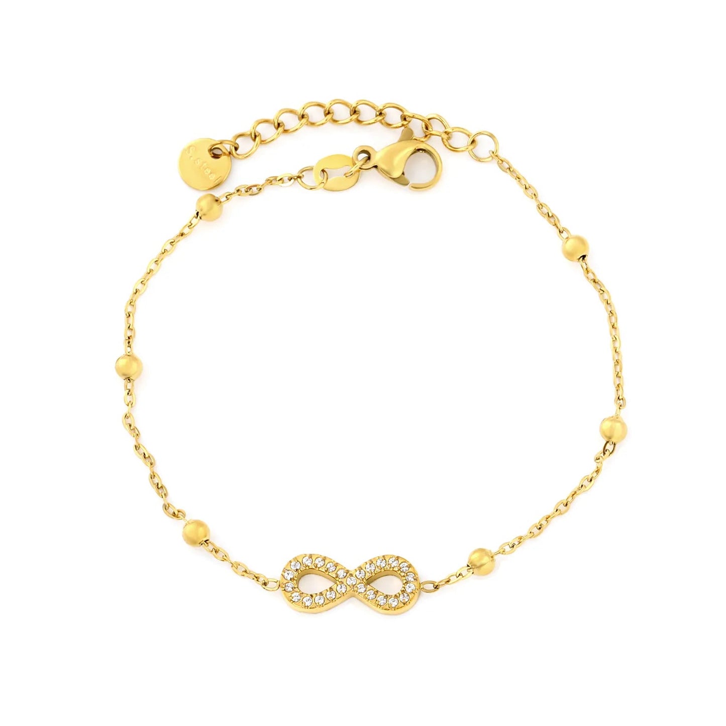 Full Pave CZ Infinity Symbol Station Bead Cable Bracelet 304L Stainless Steel