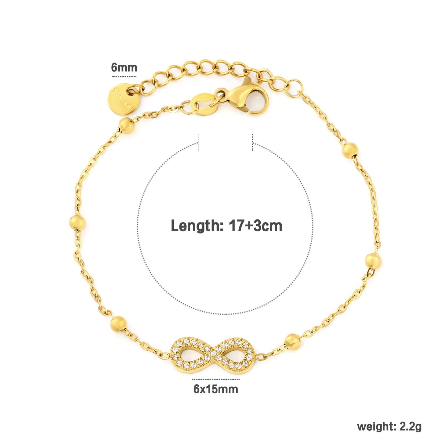 Full Pave CZ Infinity Symbol Station Bead Cable Bracelet 304L Stainless Steel