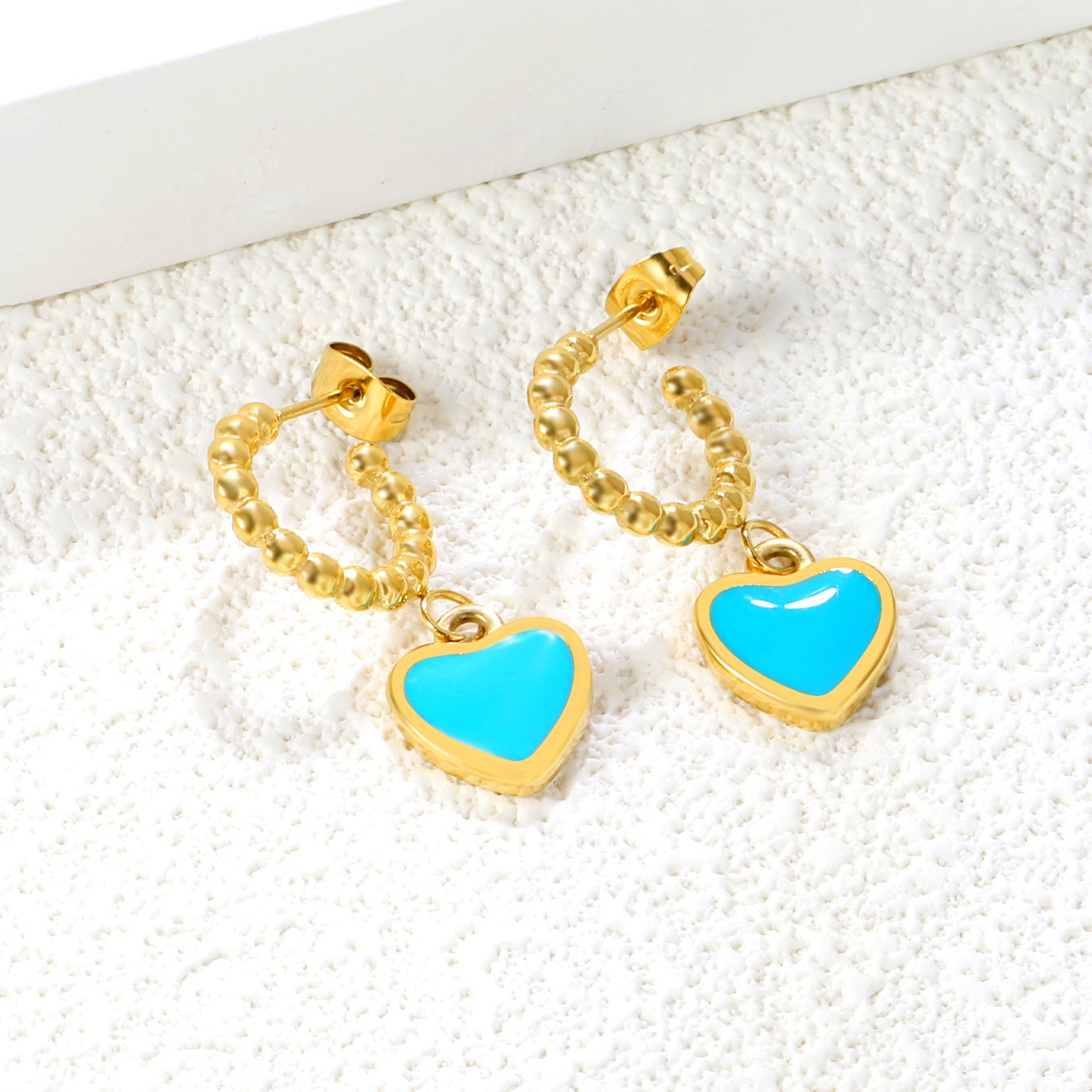 Golden blue oil drop peach heart + semi-circular steel bead stud earrings jewelry supplier