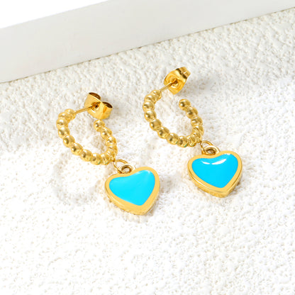 Golden blue oil drop peach heart + semi-circular steel bead stud earrings jewelry supplier