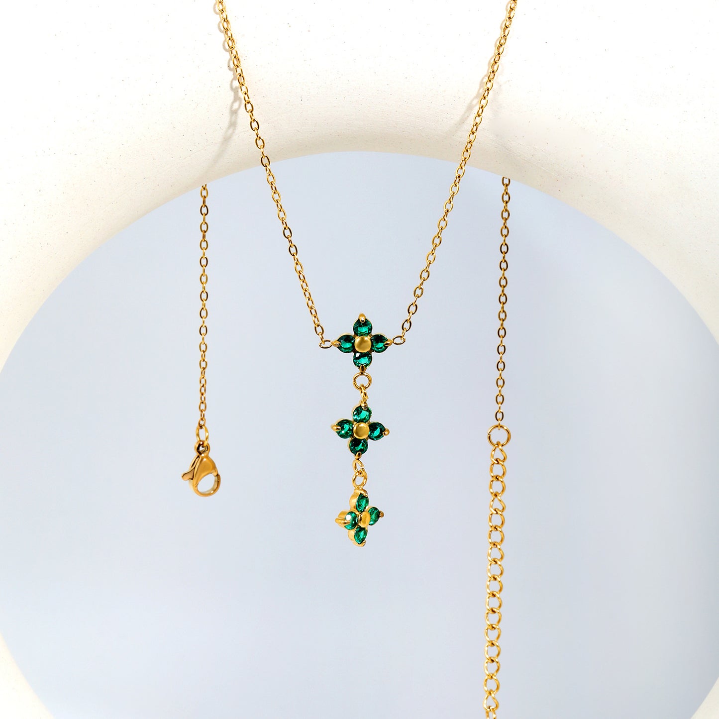 Triple Emerald Green CZ Four Leaf Clover Drop Y-Necklace Gold
