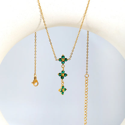 Triple Emerald Green CZ Four Leaf Clover Drop Y-Necklace Gold
