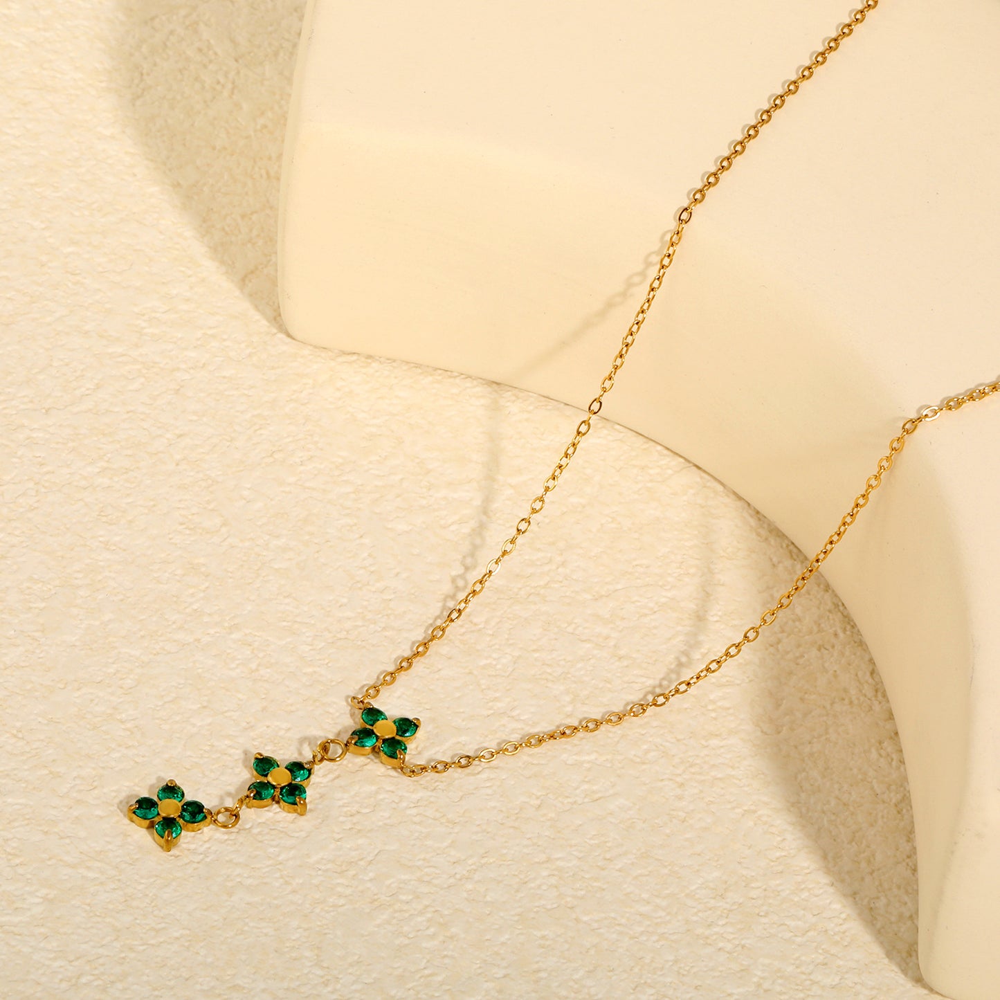 Triple Emerald Green CZ Four Leaf Clover Drop Y-Necklace Gold